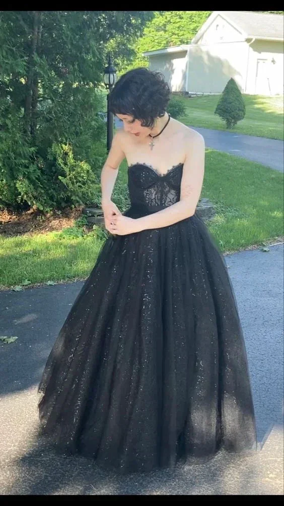 Glitter Black Sweetheart A-line Prom Dress Black Evening Gown Y7356 - Image 2