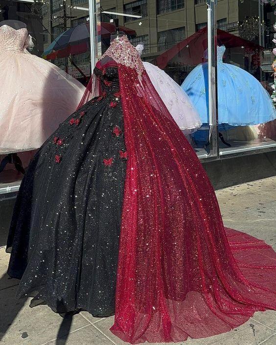 Glitter Black With Burgundy Butterflies Quinceanera Dress Sweet 16 Dress Ball Gown Y1415 - Image 2