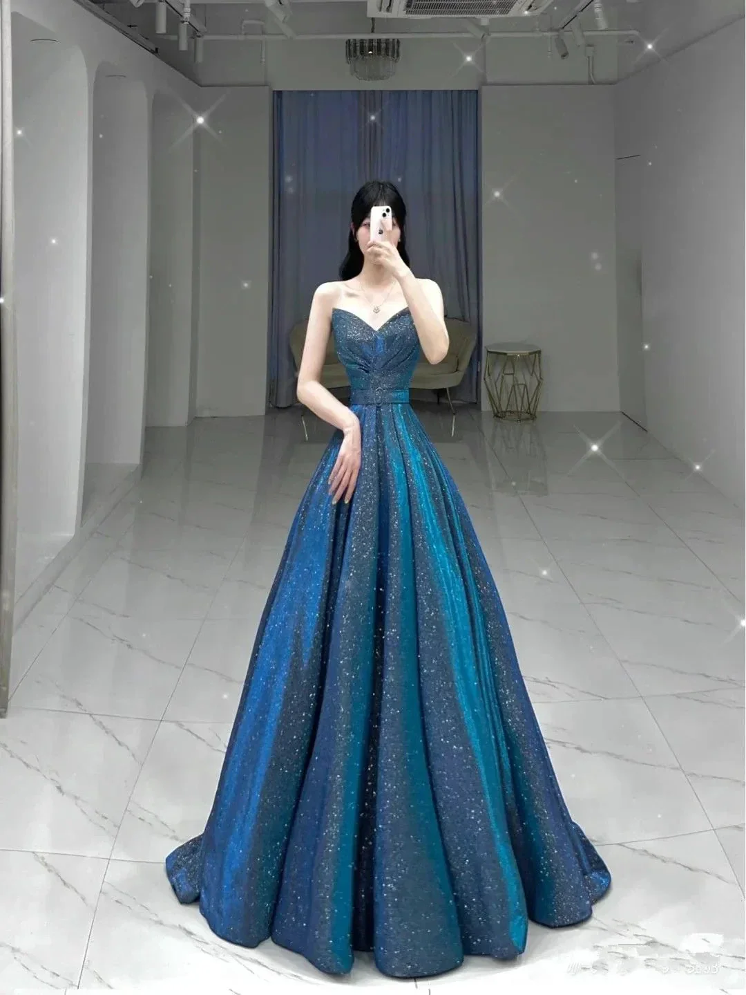 Glitter Blue A-line Evening Dress Blue Princess Dress Y4982 - Image 2