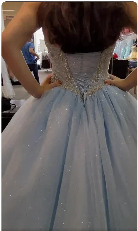 Glitter Light Blue Corset Top Beaded Ball Gown, Light Blue Sweet Girl Dresses Beaded Ball Gown Y774 - Image 2