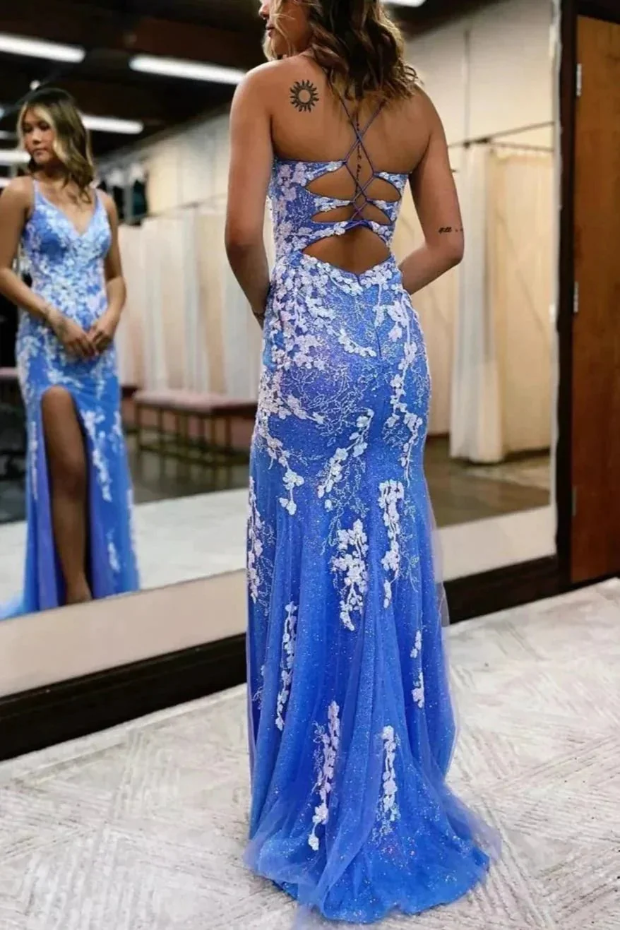 Ainhoa | Glitter Blue Mermaid Lace Long Prom Dress with Slit - Image 3