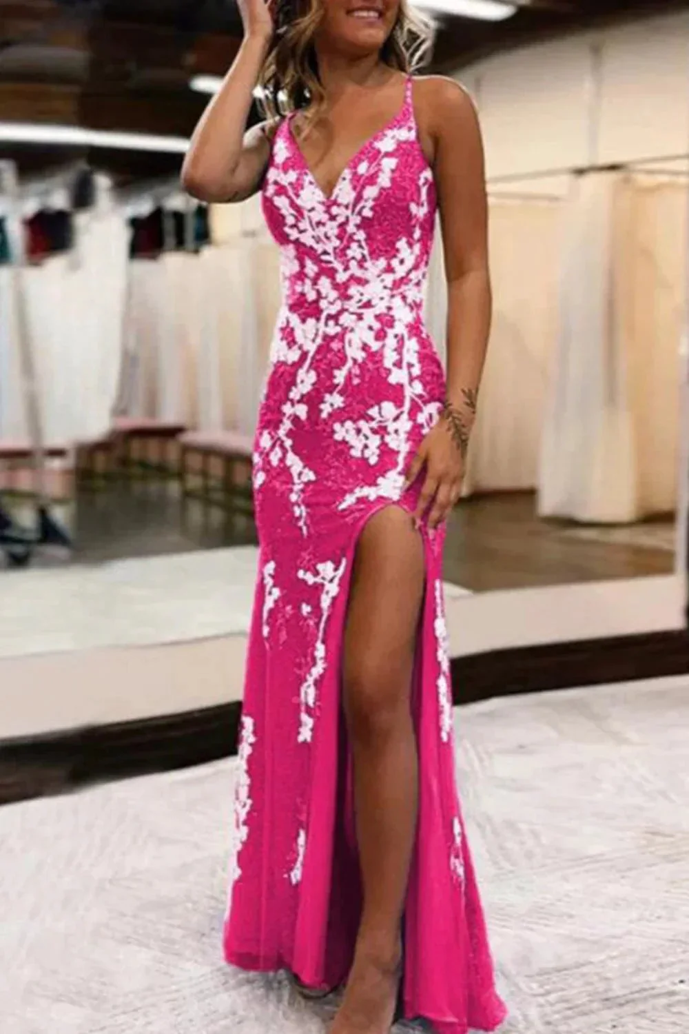Ainhoa | Glitter Blue Mermaid Lace Long Prom Dress with Slit - Image 5