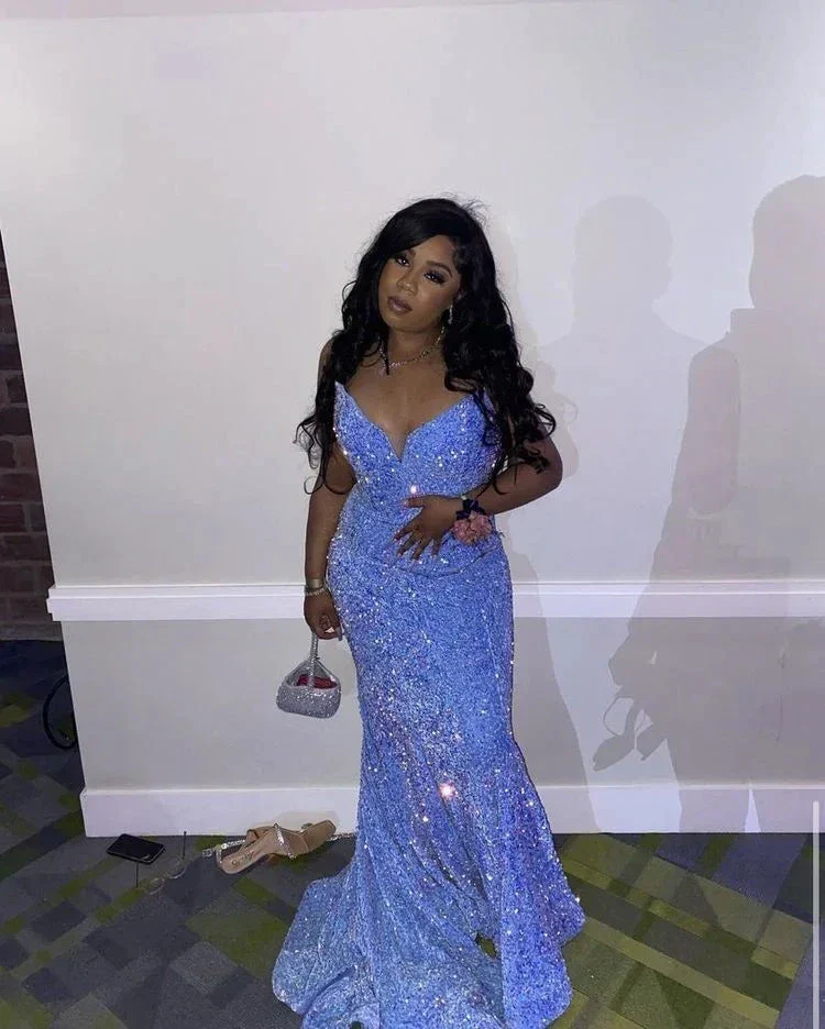 Glitter Blue Sequins Mermaid Evening Dress For Black Girls Y5115 - Image 2