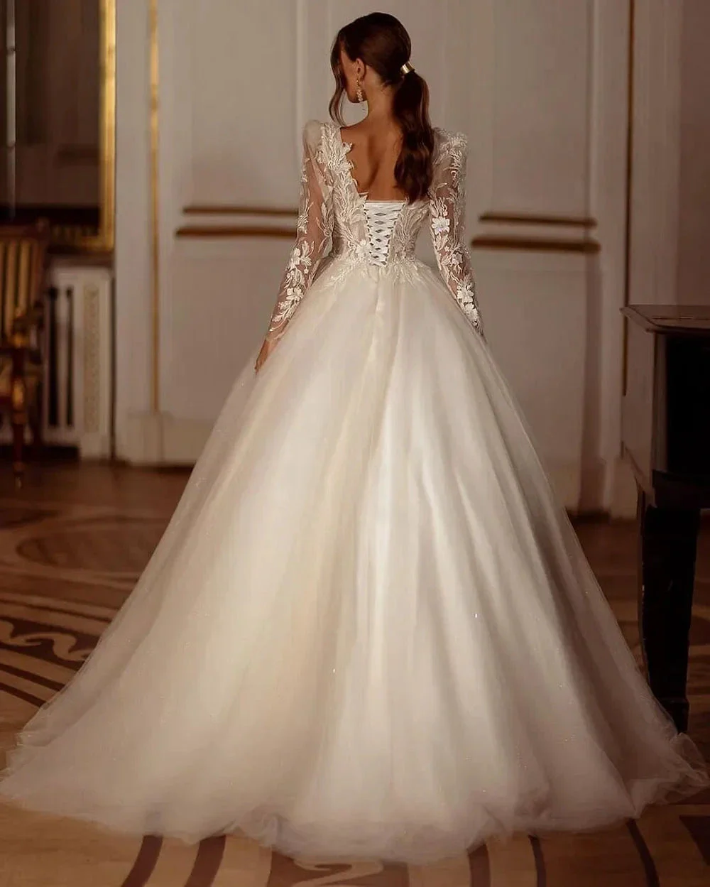 Glitter Champagne Wedding Dresses Long Sleeve Appliques Lace Modern Bridal Dress Tulle Bride Gown vestidos de novia - Image 2