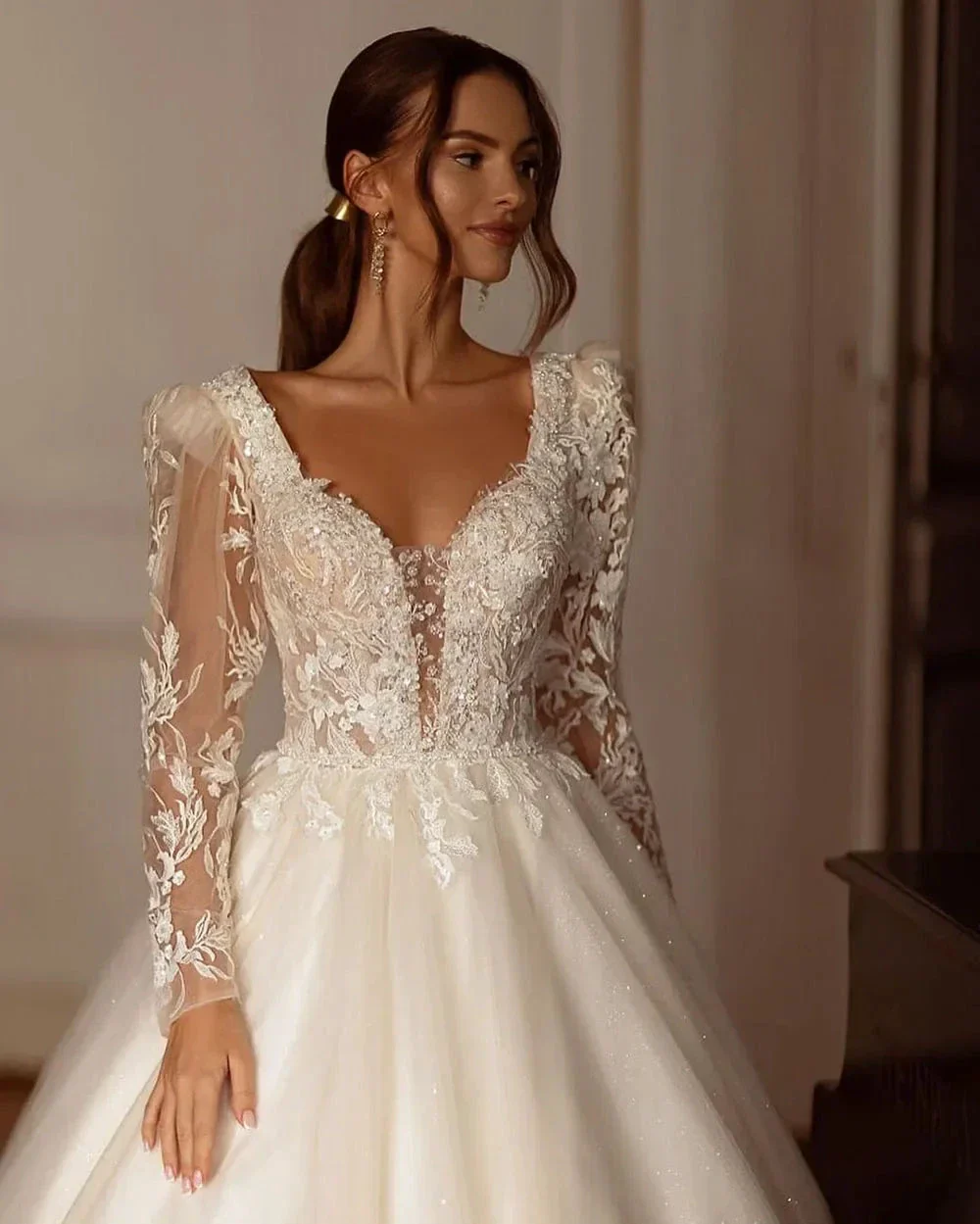 Glitter Champagne Wedding Dresses Long Sleeve Appliques Lace Modern Bridal Dress Tulle Bride Gown vestidos de novia - Image 3