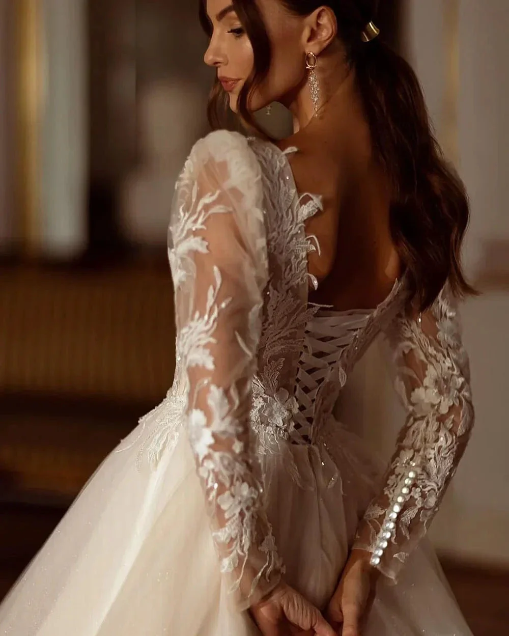 Glitter Champagne Wedding Dresses Long Sleeve Appliques Lace Modern Bridal Dress Tulle Bride Gown vestidos de novia - Image 4