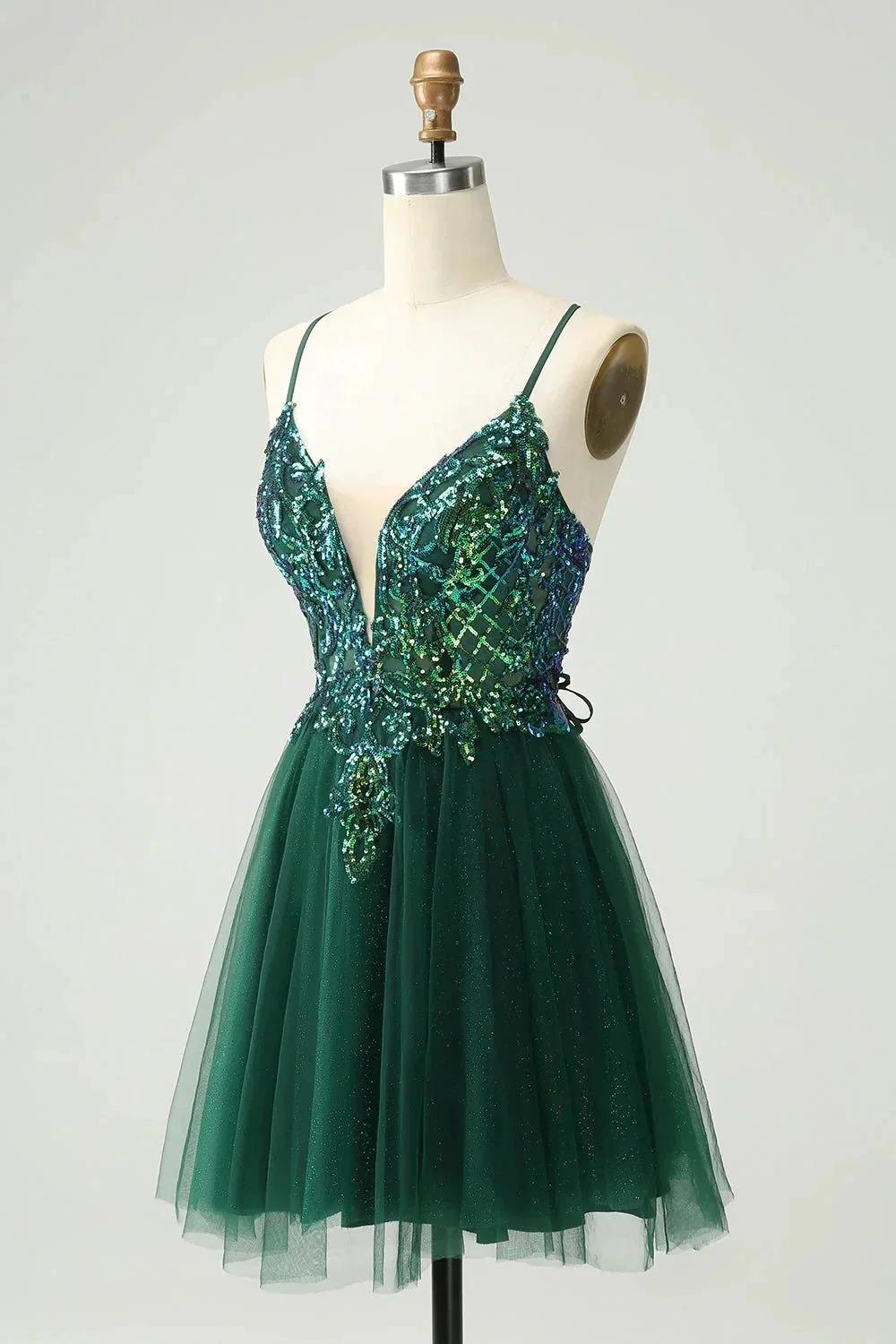 Cute Dark Green A Line V Neck Sequin Short Homecoming Dress with Appliques - Image 3