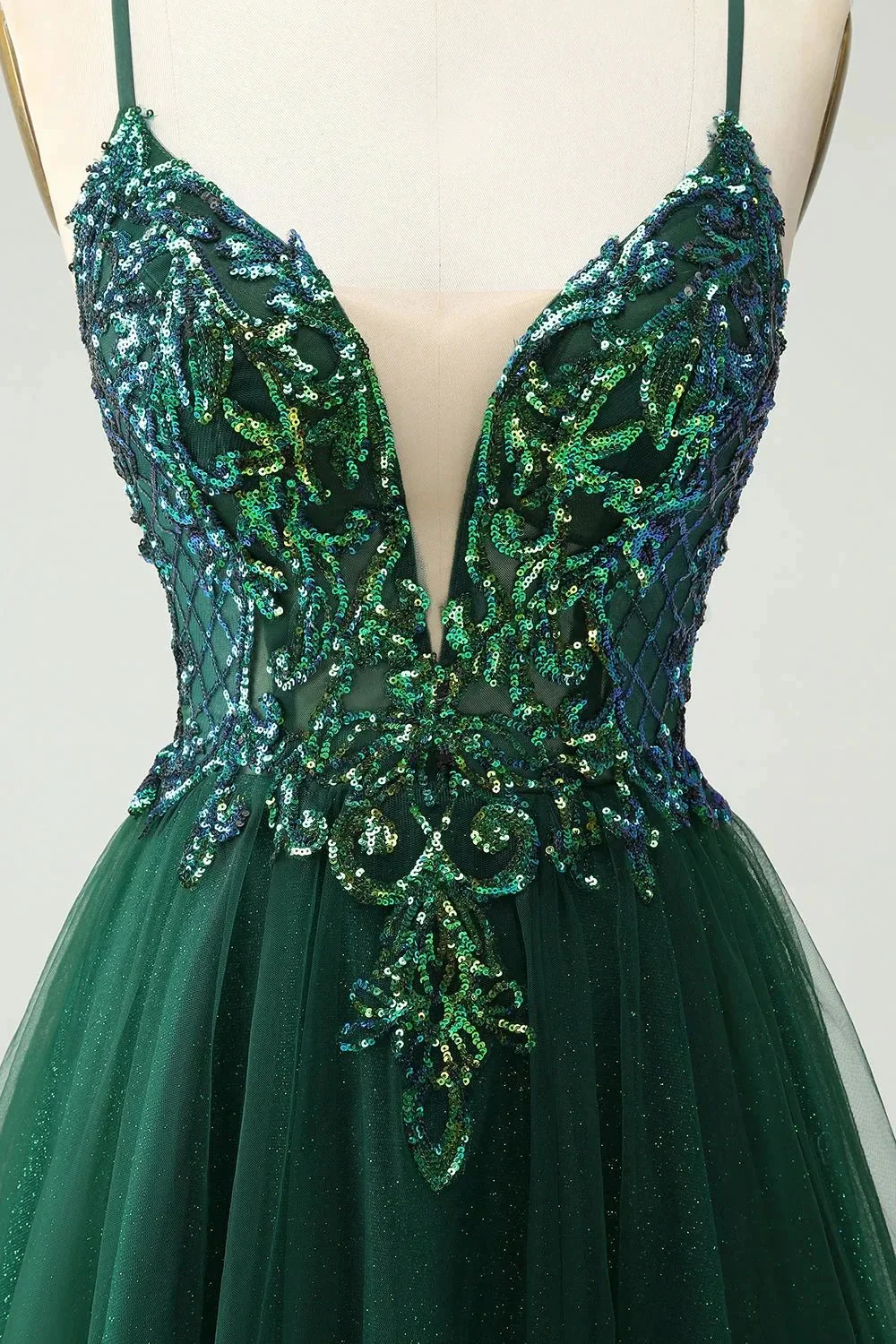 Cute Dark Green A Line V Neck Sequin Short Homecoming Dress with Appliques - Image 7
