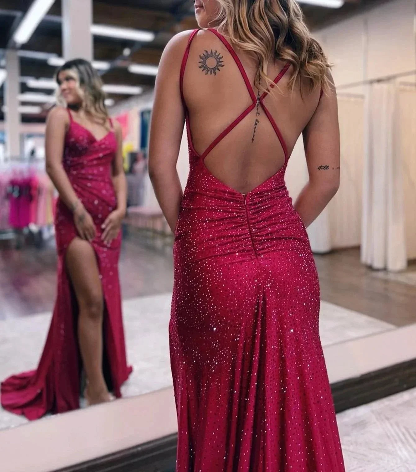 Kaylani |Mermaid V Neck Glitter Jersey Long Prom Dress with Slit - Image 3