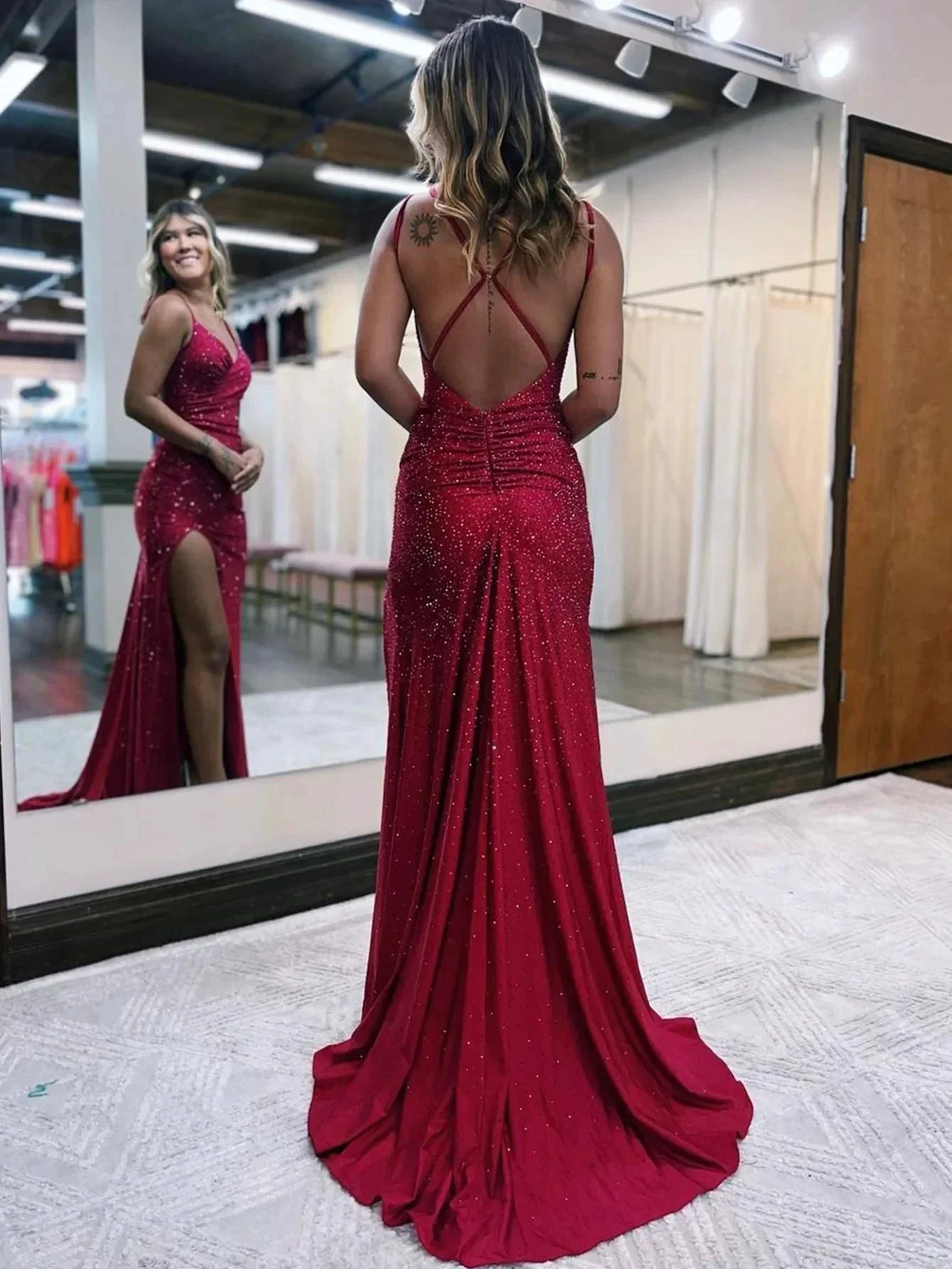 Kaylani |Mermaid V Neck Glitter Jersey Long Prom Dress with Slit - Image 4