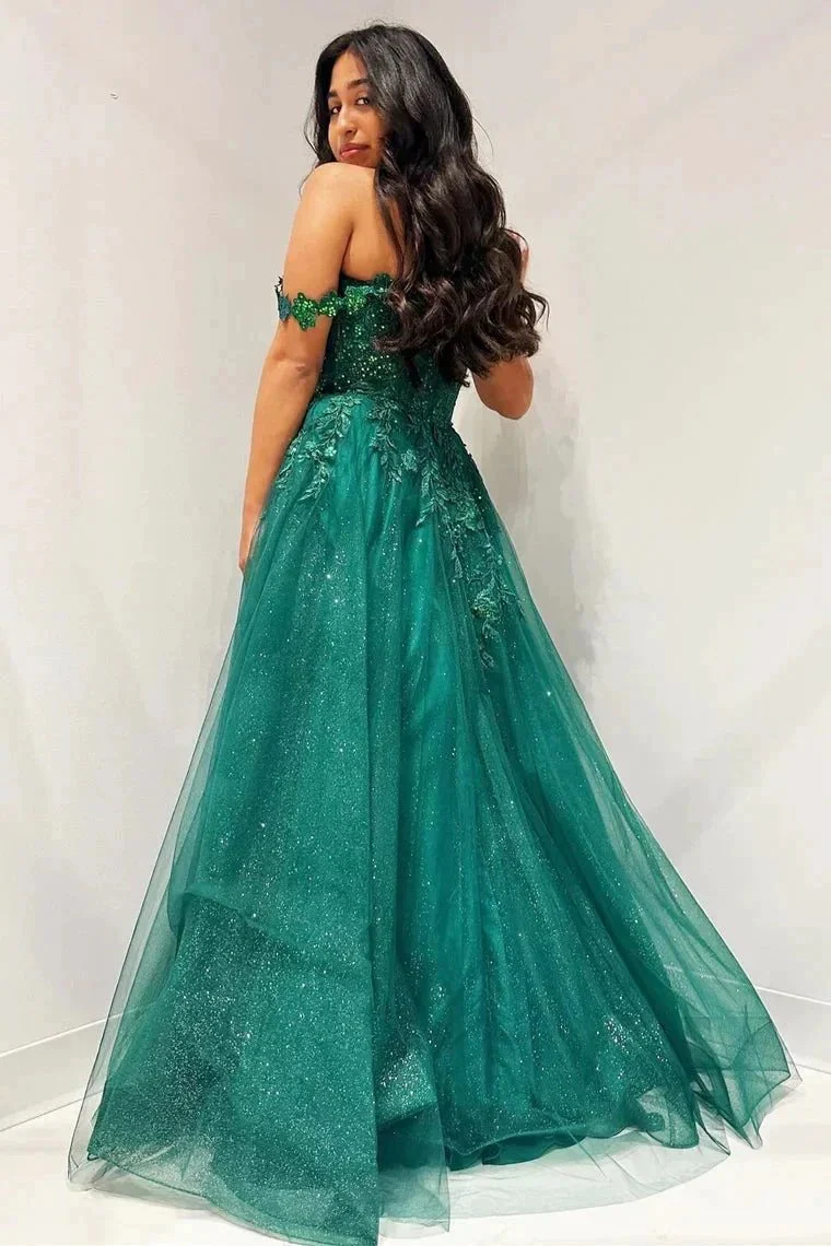 Elliana | Glitter Emerald Appliques Off-the-Shoulder A-Line Long Prom Dress - Image 2