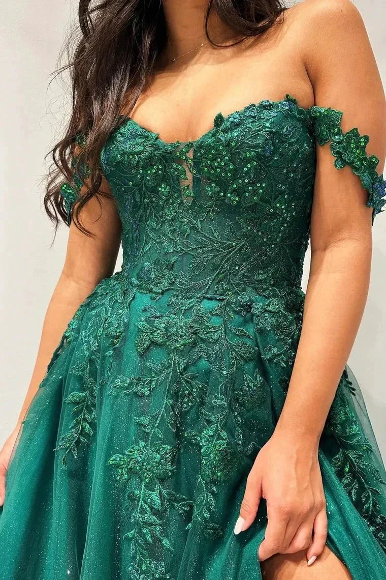 Elliana | Glitter Emerald Appliques Off-the-Shoulder A-Line Long Prom Dress - Image 3