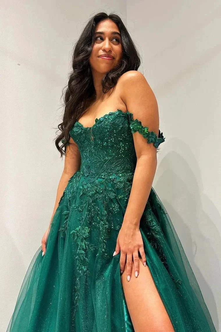 Elliana | Glitter Emerald Appliques Off-the-Shoulder A-Line Long Prom Dress - Image 4