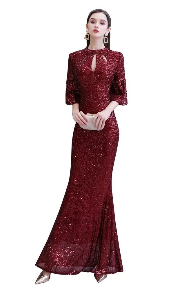 Glitter Half Sleeves Key hole Mermaid Party Dress Burgundy - Image 11