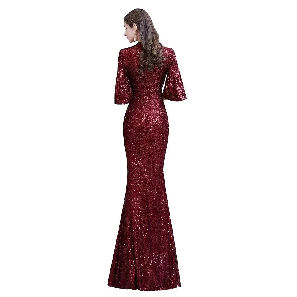 Glitter Half Sleeves Key hole Mermaid Party Dress Burgundy - Image 12