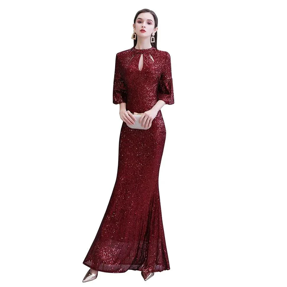 Glitter Half Sleeves Key hole Mermaid Party Dress Burgundy - Image 13