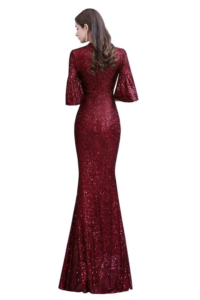 Glitter Half Sleeves Key hole Mermaid Party Dress Burgundy - Image 14