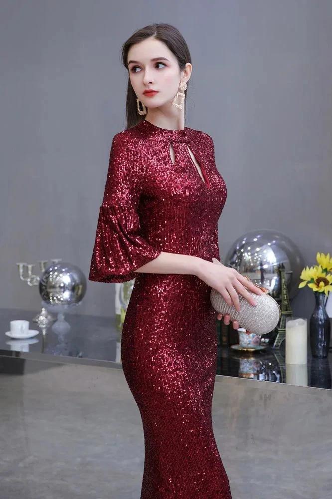 Glitter Half Sleeves Key hole Mermaid Party Dress Burgundy - Image 2