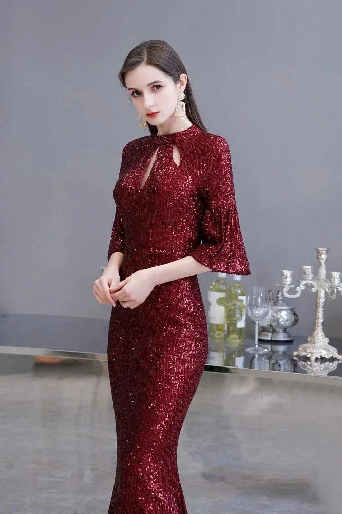 Glitter Half Sleeves Key hole Mermaid Party Dress Burgundy - Image 3