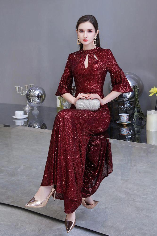 Glitter Half Sleeves Key hole Mermaid Party Dress Burgundy - Image 5