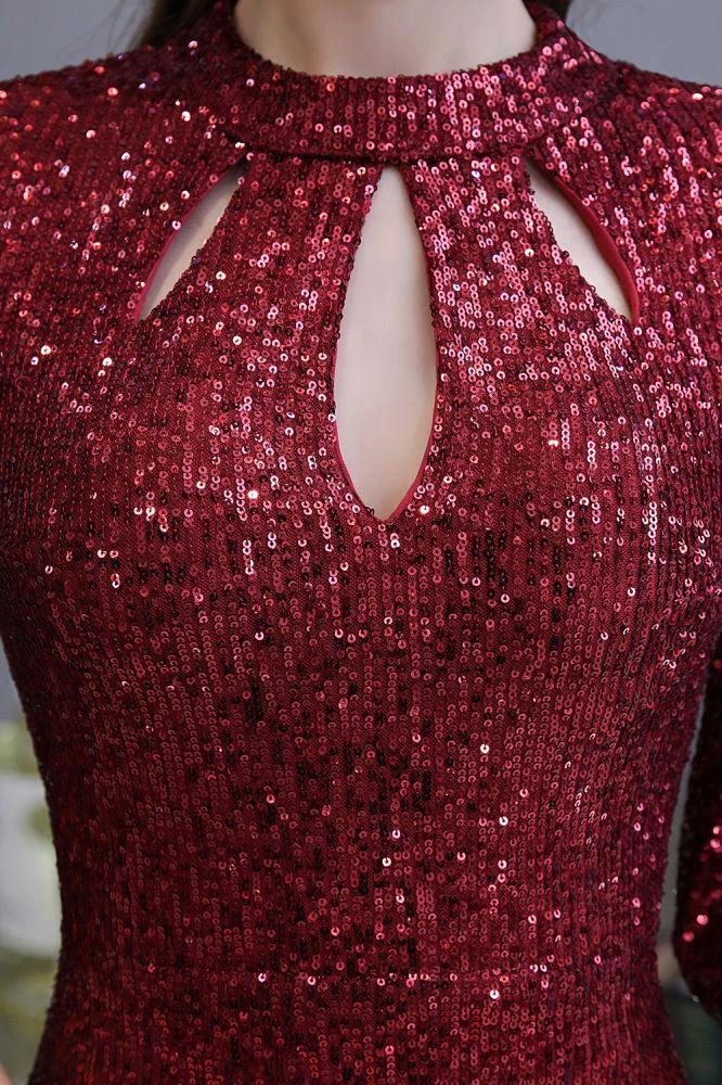 Glitter Half Sleeves Key hole Mermaid Party Dress Burgundy - Image 9