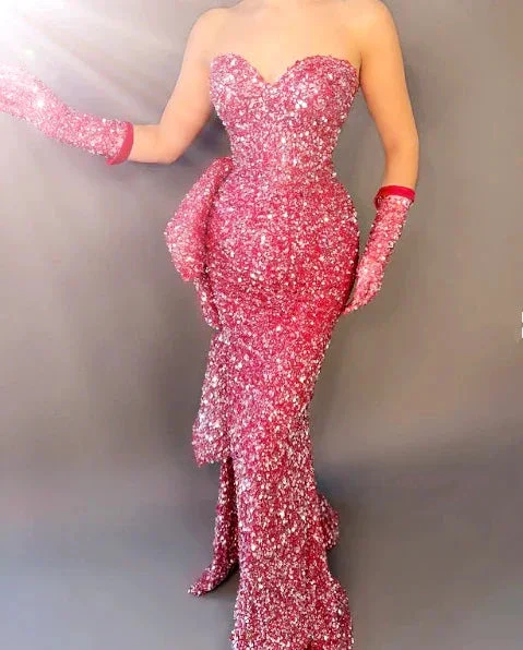 Glitter Hot Pink Sequin Strapless Mermaid Evening Dress Long Prom Dress With Gloves Y8536 - Image 2