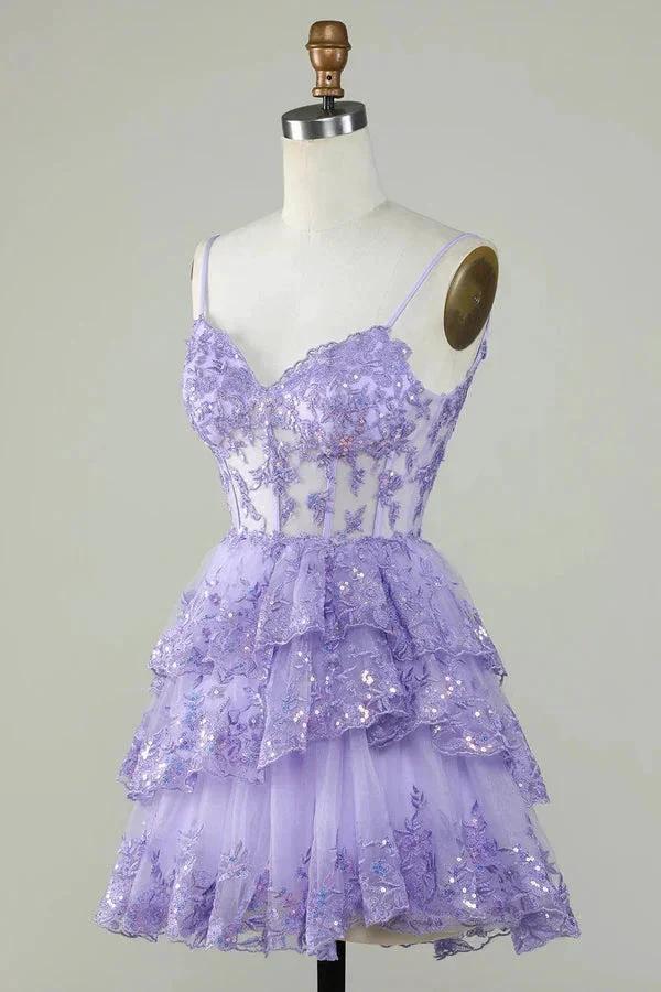 Glitter Lace Corset Ruffle Tiered Lavender Homecoming Dress PD503 - Image 2