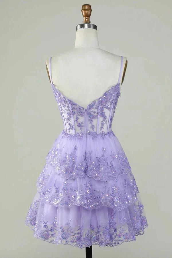 Glitter Lace Corset Ruffle Tiered Lavender Homecoming Dress PD503 - Image 3