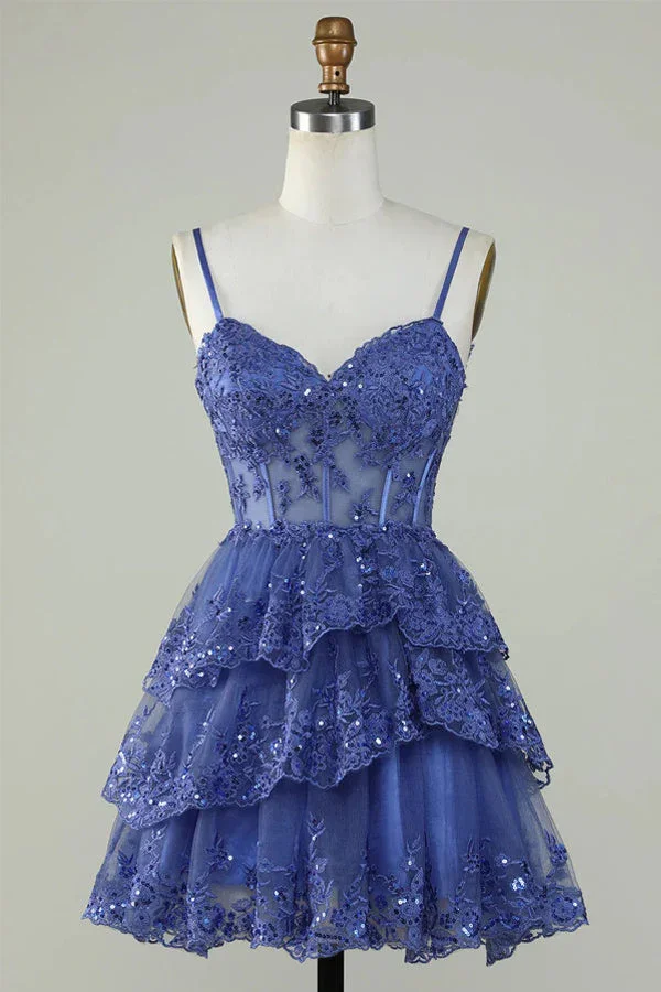 Glitter Lace Corset Ruffle Tiered Lavender Homecoming Dress PD503 - Image 4
