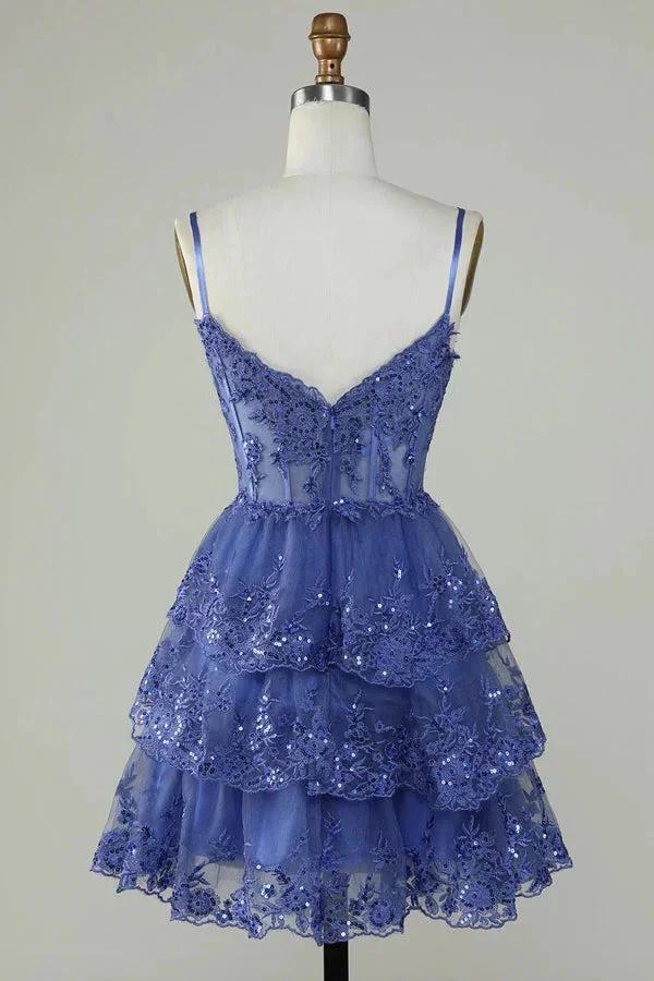 Glitter Lace Corset Ruffle Tiered Lavender Homecoming Dress PD503 - Image 6
