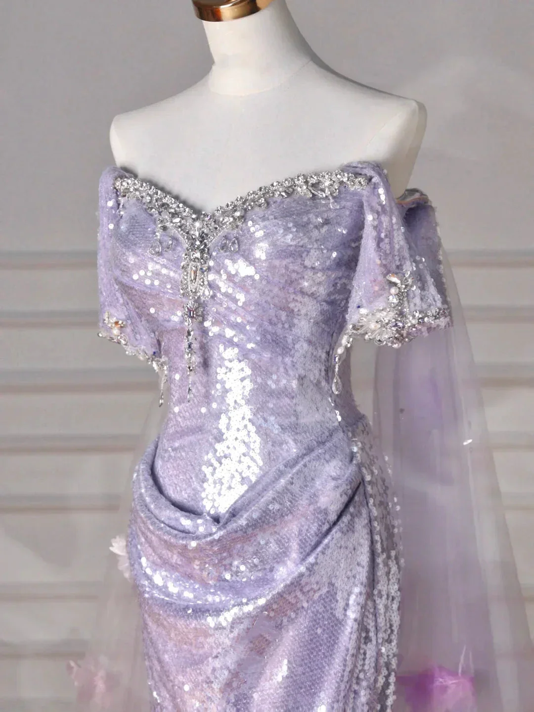 Glitter Lilac Sequin Tulle Beaded Mermaid Slit Evening Dress Off The Shoulder Tulle Appliques Prom Dress Y8632 - Image 2