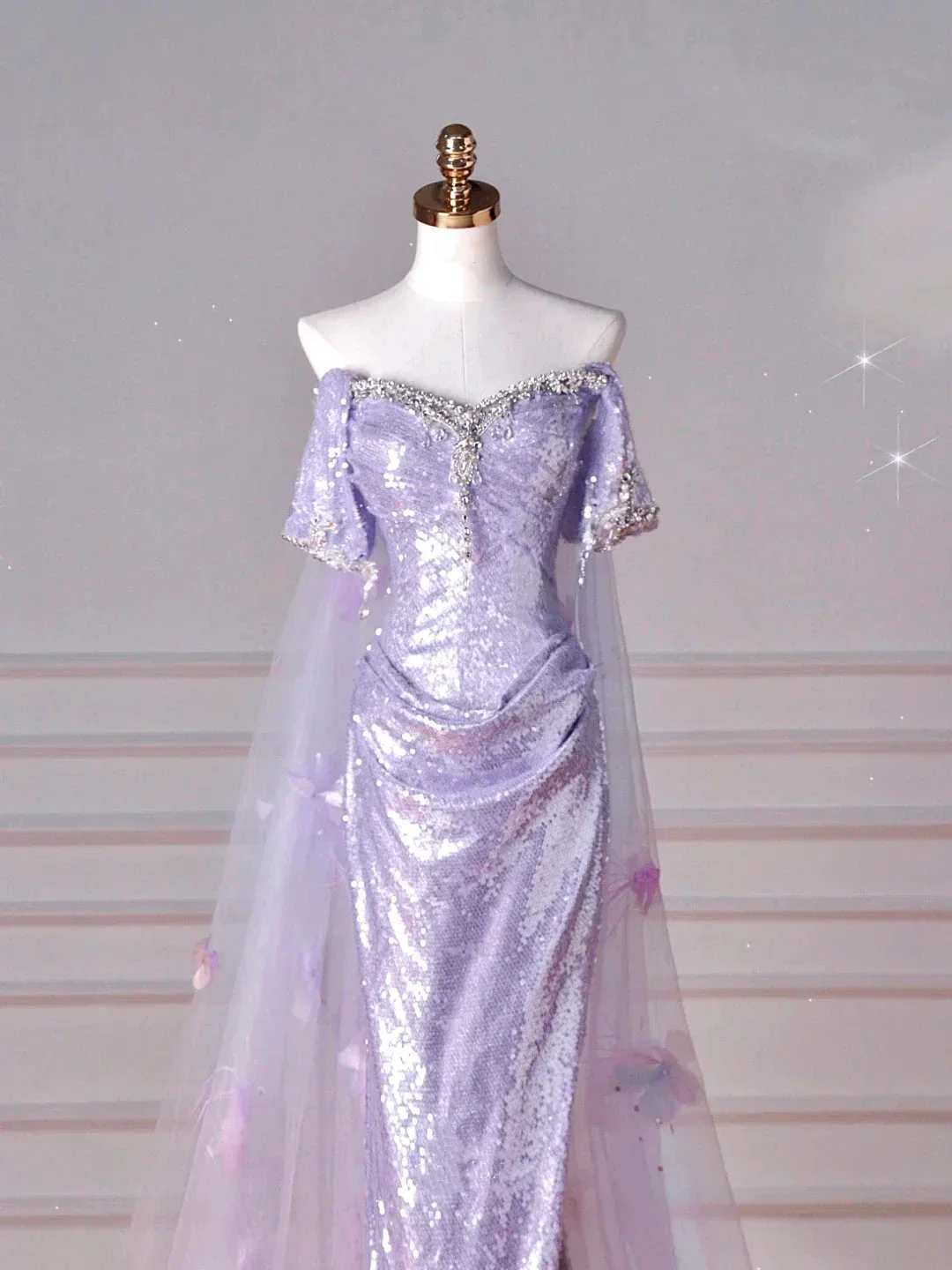 Glitter Lilac Sequin Tulle Beaded Mermaid Slit Evening Dress Off The Shoulder Tulle Appliques Prom Dress Y8632 - Image 3