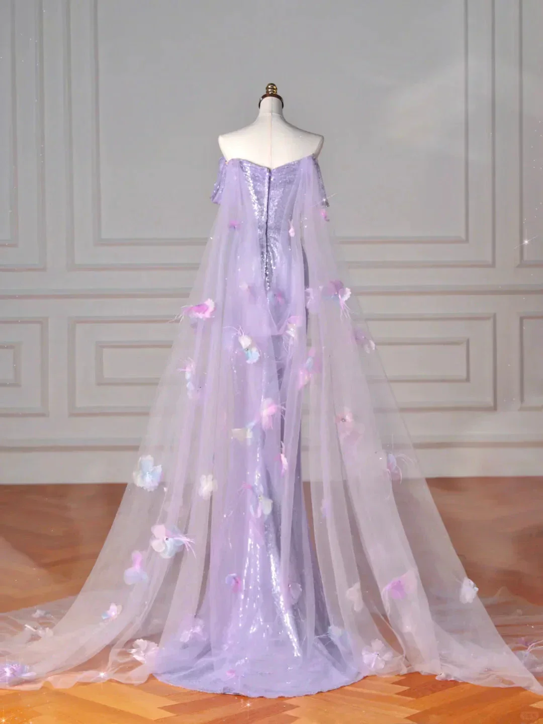 Glitter Lilac Sequin Tulle Beaded Mermaid Slit Evening Dress Off The Shoulder Tulle Appliques Prom Dress Y8632 - Image 4