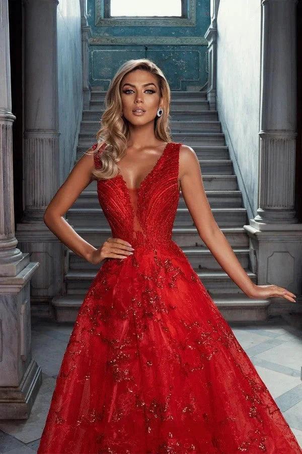 Glitter Long A-line V-neck Lace Tulle Red Prom Dress - Image 2
