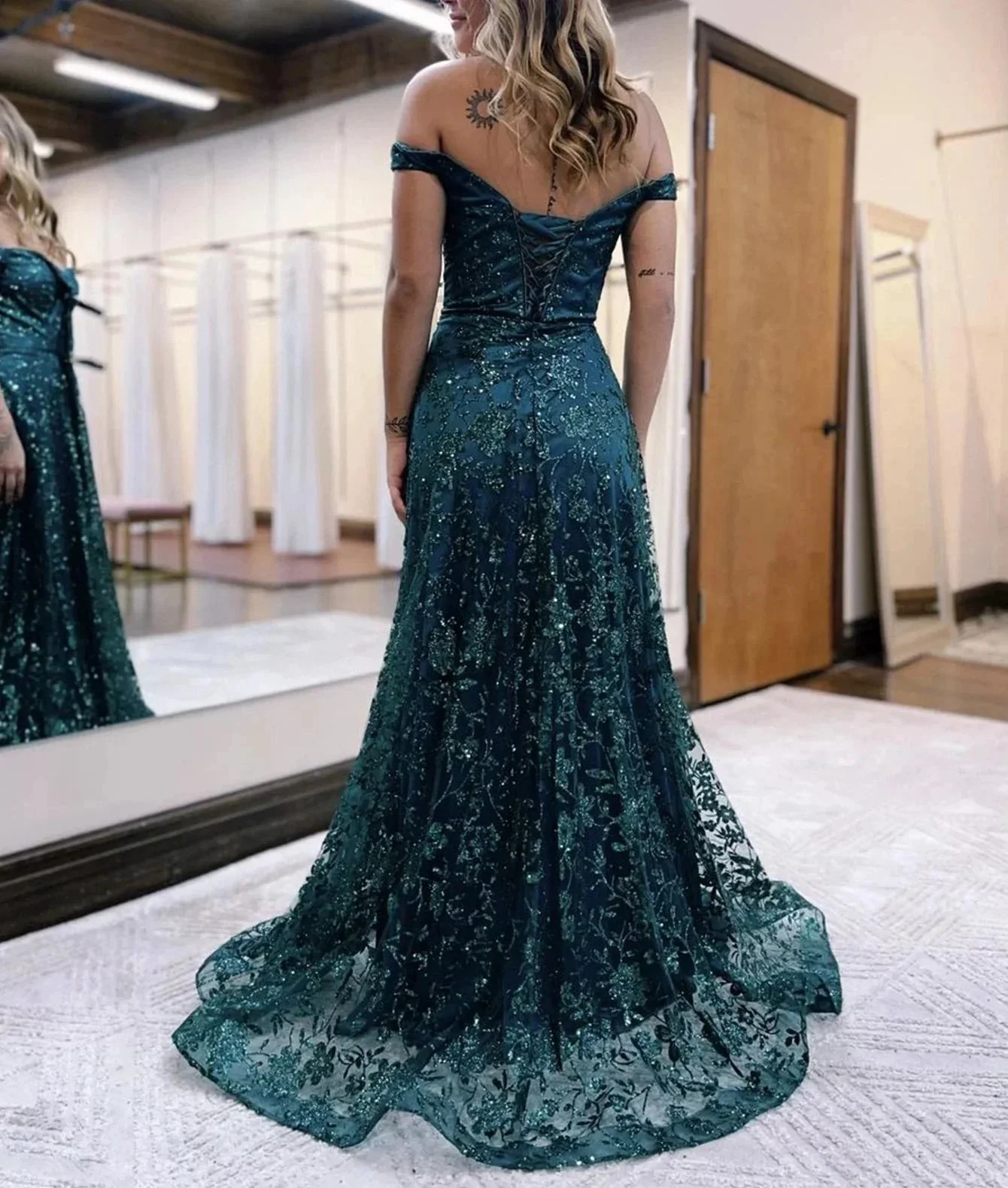 Glitter Mermaid Off The Shoulder Dark Green Long Prom Dress - Image 2