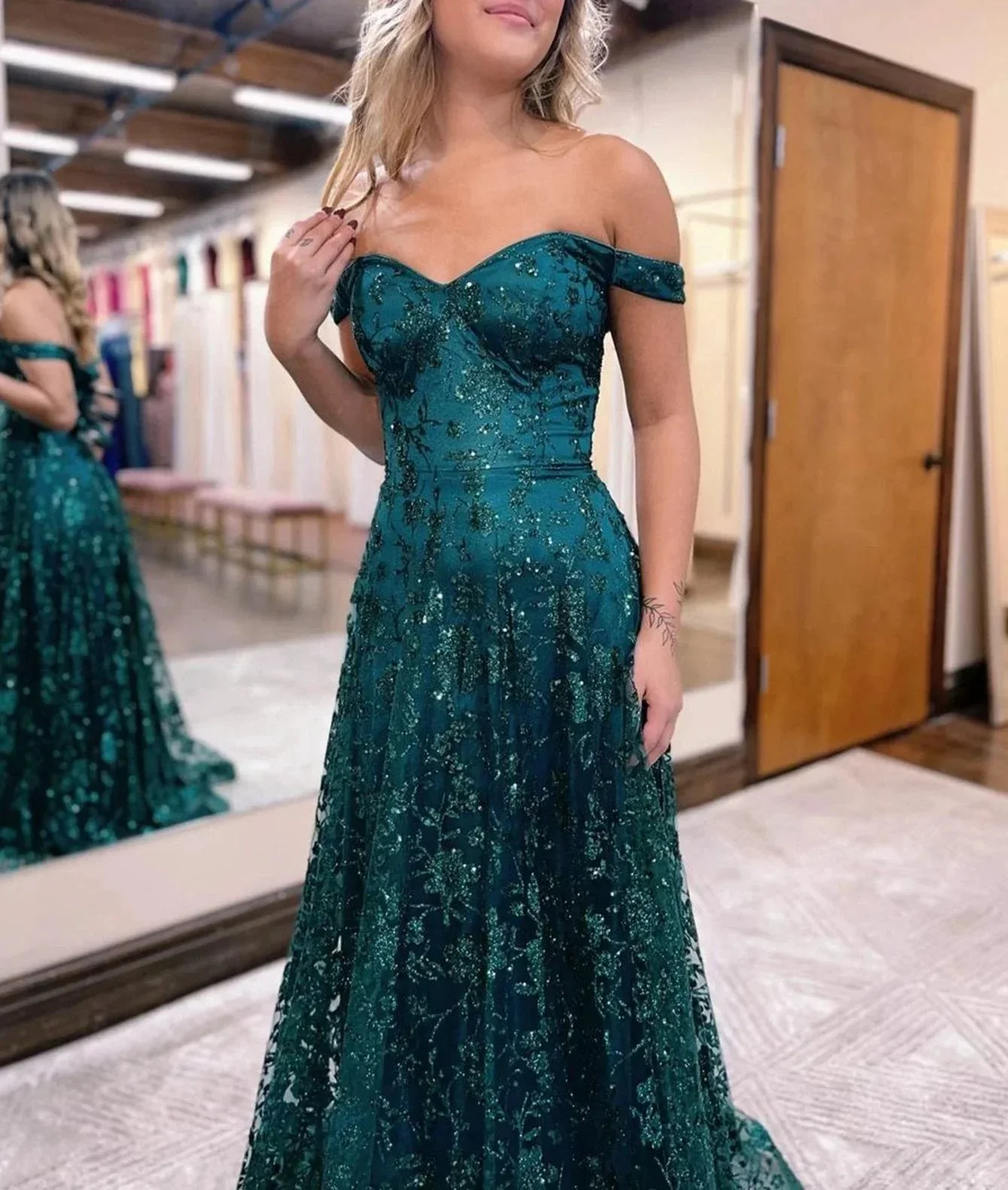 Glitter Mermaid Off The Shoulder Dark Green Long Prom Dress - Image 3