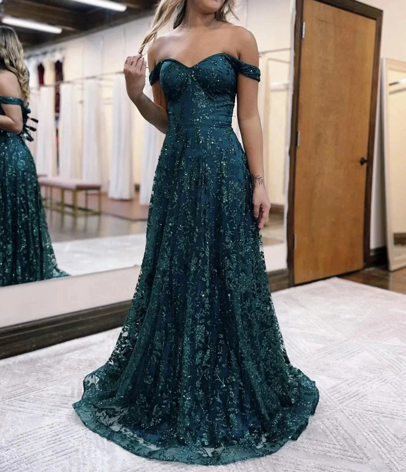 Glitter Mermaid Off The Shoulder Dark Green Long Prom Dress - Image 4