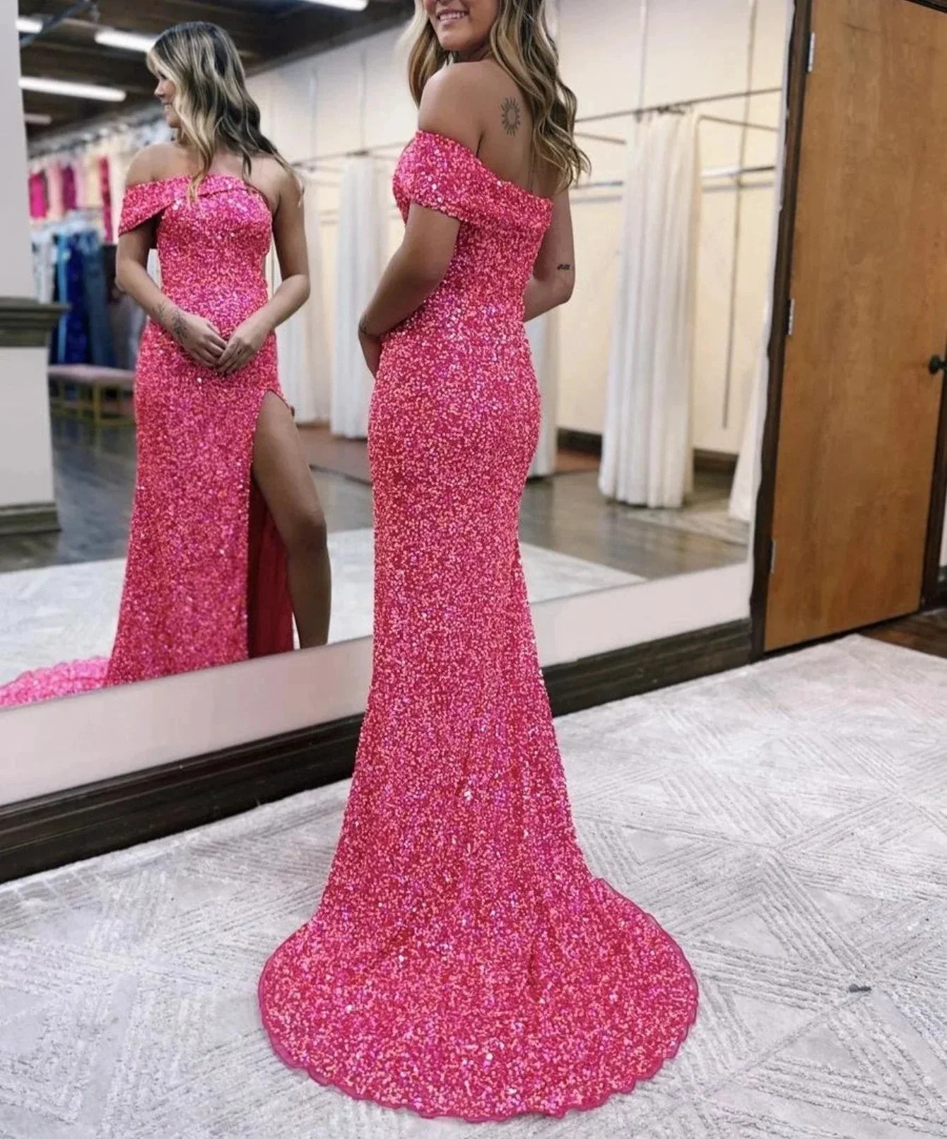 Glitter Mermaid One Shoulder Pink Long Prom Dress With Slit - Image 2
