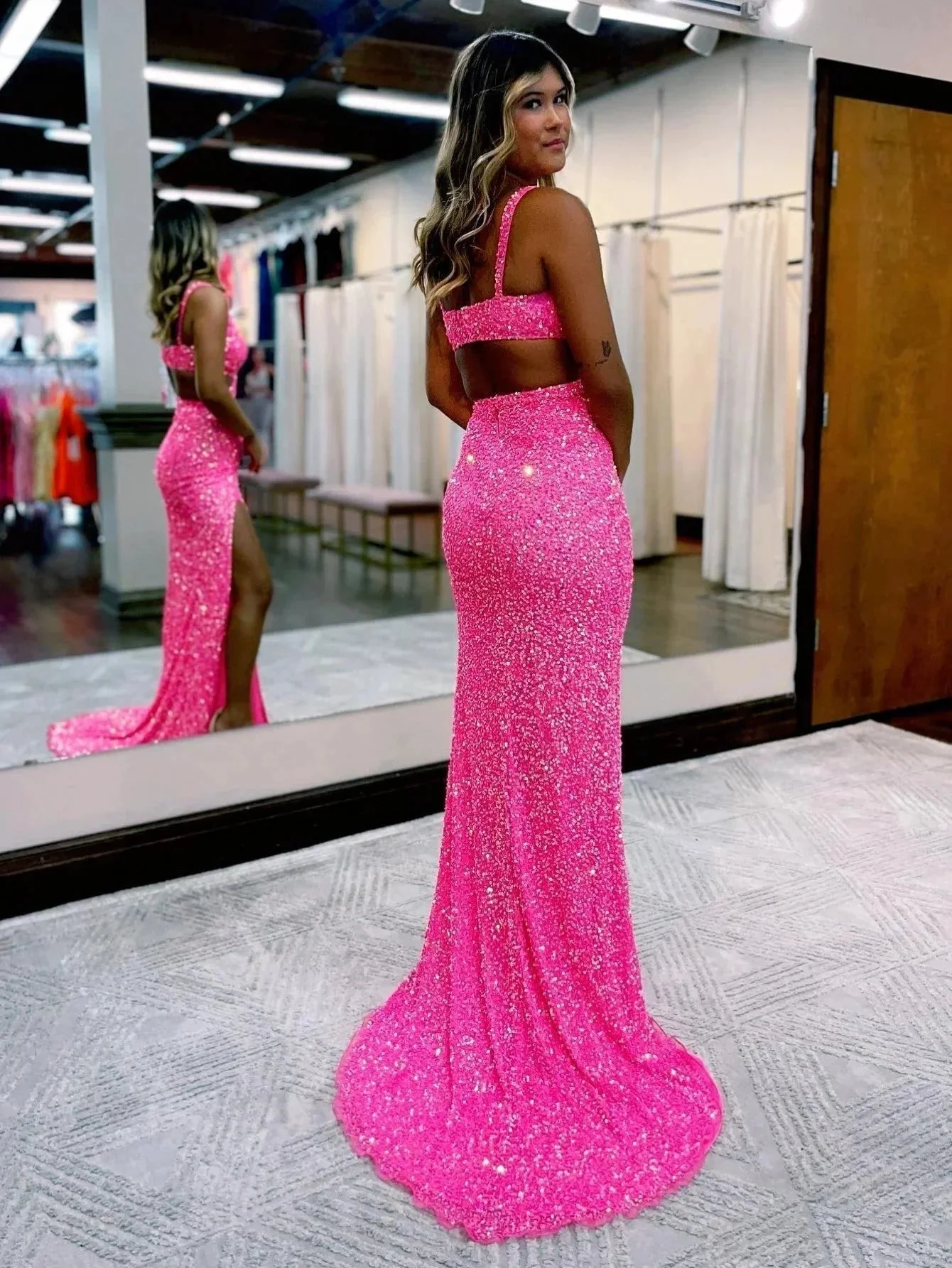 Salma |Mermaid V Neck Sequins Prom Dress with Slit - Image 2