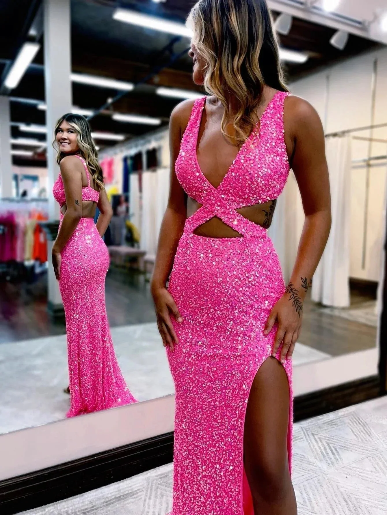 Salma |Mermaid V Neck Sequins Prom Dress with Slit - Image 3
