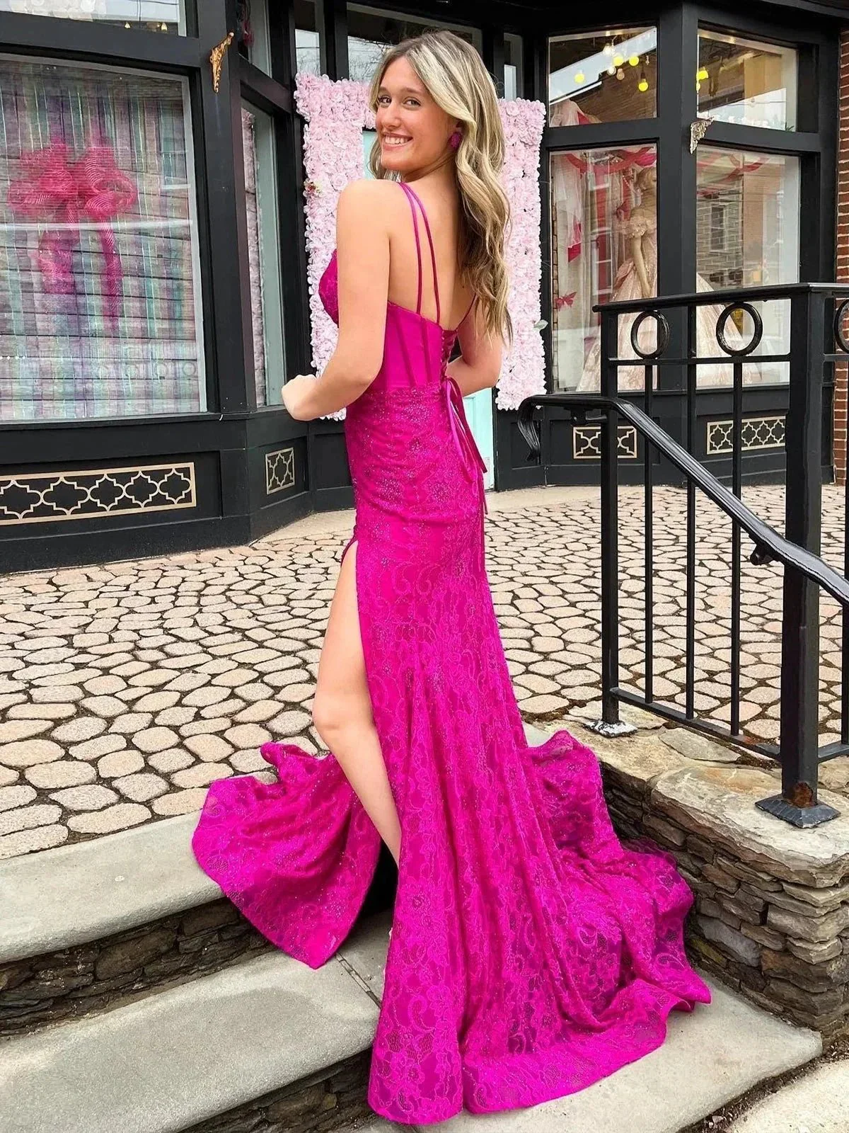 Glitter Navy Mermaid Sweep Train Prom Dress With Slit - Image 2