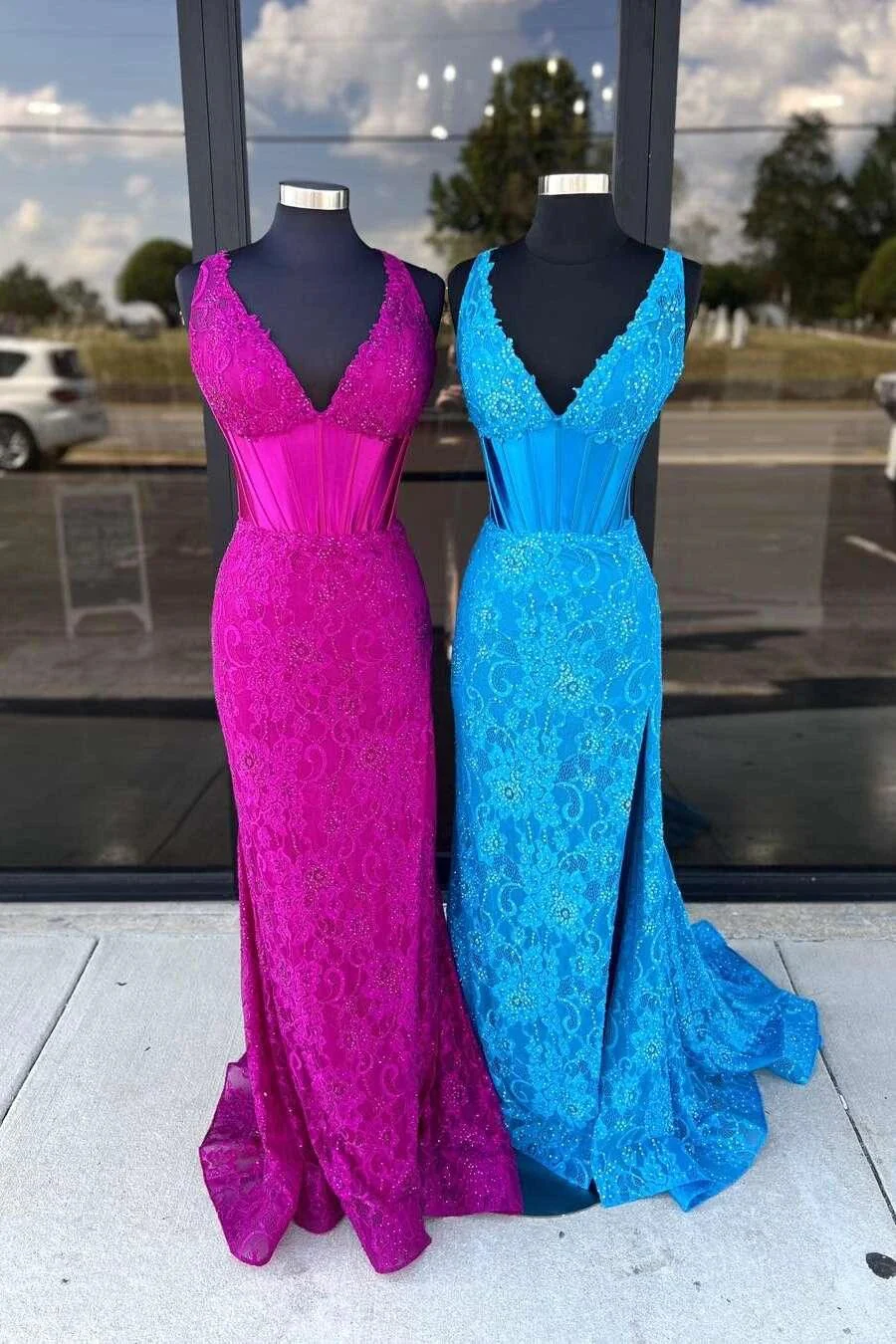 Glitter Navy Mermaid Sweep Train Prom Dress With Slit - Image 5