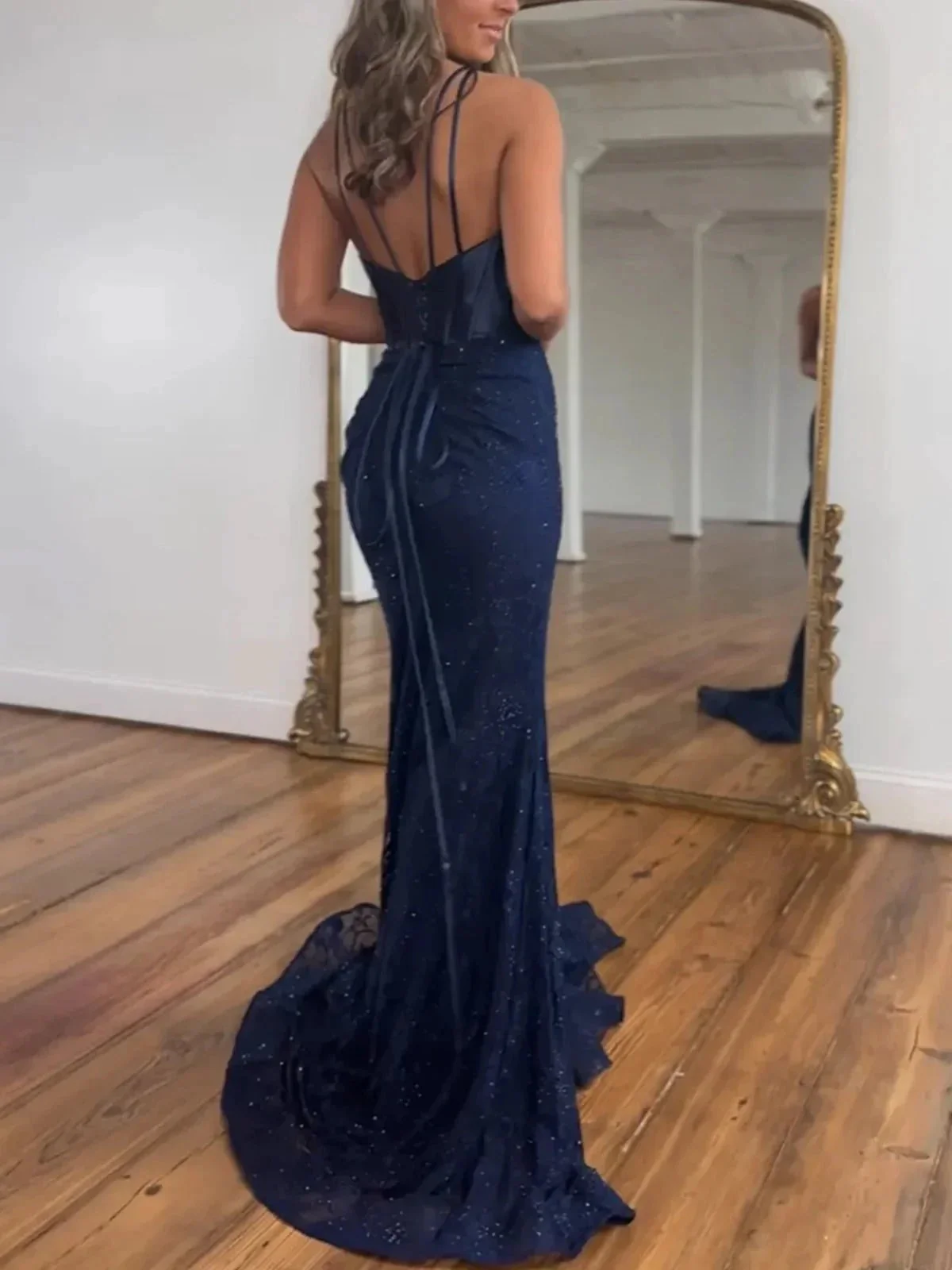 Glitter Navy Mermaid Sweep Train Prom Dress With Slit - Image 7