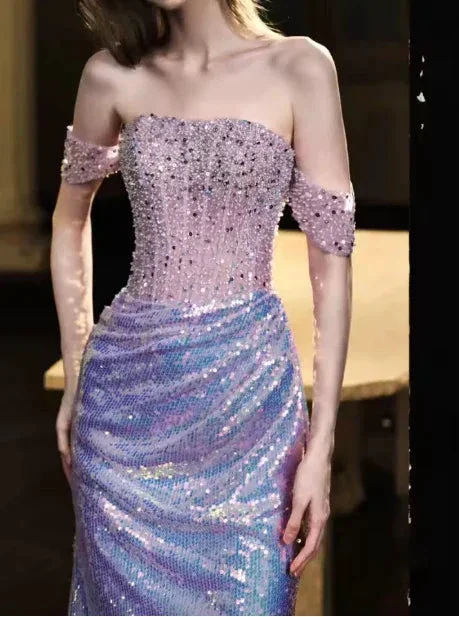 Glitter Off Shoulder Beaded Sequin Mermaid Prom Purple Formal Evening Gown Y8182 - Image 3