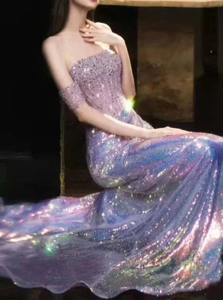 Glitter Off Shoulder Beaded Sequin Mermaid Prom Purple Formal Evening Gown Y8182 - Image 4