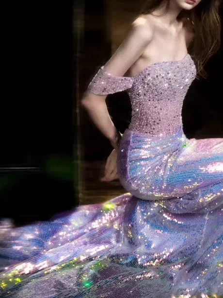 Glitter Off Shoulder Beaded Sequin Mermaid Prom Purple Formal Evening Gown Y8182 - Image 5