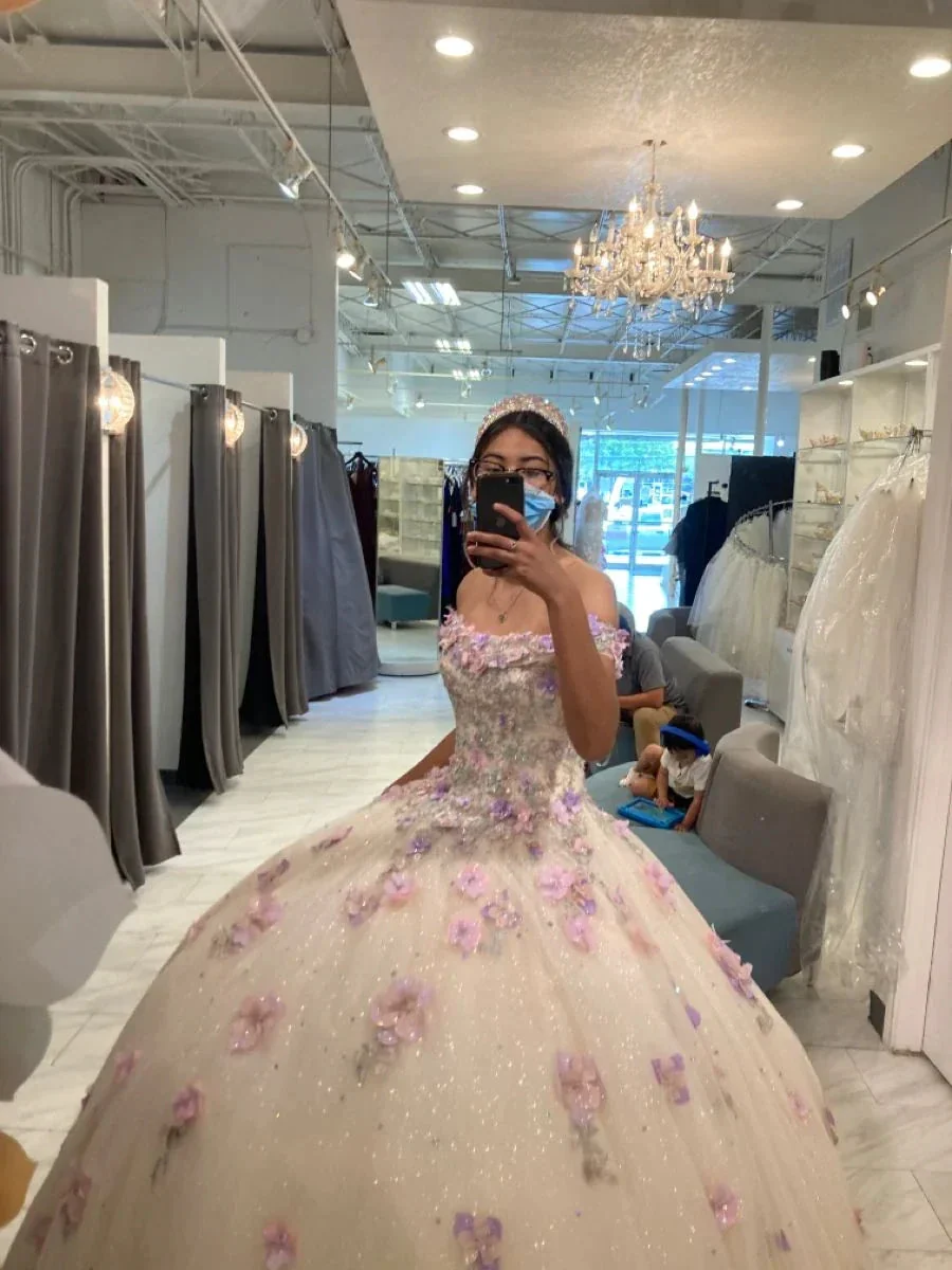 Glitter Off The Shoulder Ball Gown,Sweet 16 Dress with Flowers Y2266 - Image 2