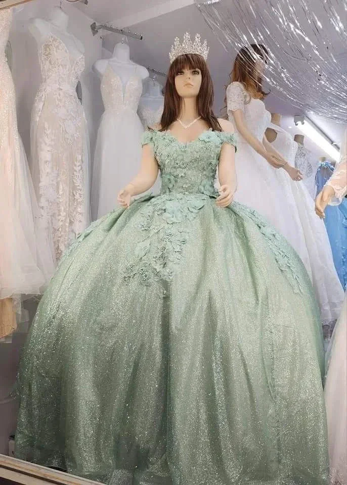 Glitter Sage Green Off The Shoulder Ball Gown,Sweet 16 Dress Y2265 - Image 2