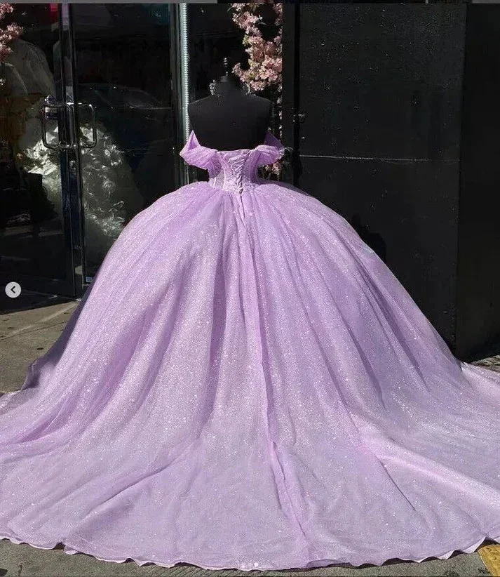 Glitter Off The Shoulder Lilac Tulle Beaded Ball Gown Quinceanera Dress  Y7463 - Image 2