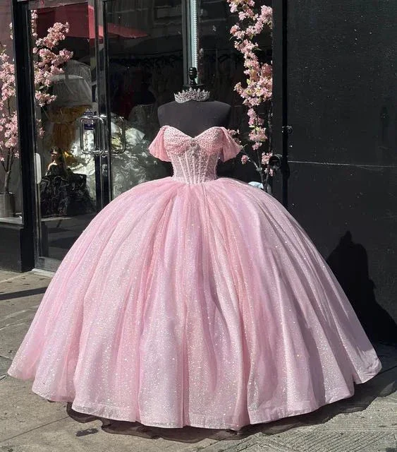 Glitter Off The Shoulder Pink Ball Gown,Pink Sweet 16 Dress,Pink Princess Dress  Y7002 - Image 2